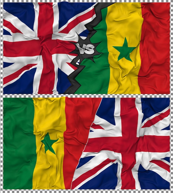 Senegal gegen Großbritannien Halbkombinierte Flagge Stoff-Bump-Textur 3D-Rendering