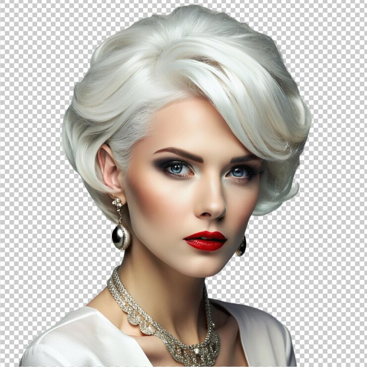 PSD senhora elegante com cabelo branco adornado isolado em fundo transparente