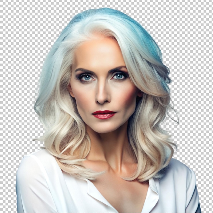 PSD senhora elegante com cabelo branco adornado isolado em fundo transparente