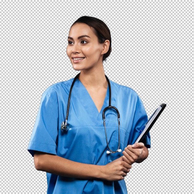 Senhora feliz com clipboard olhando