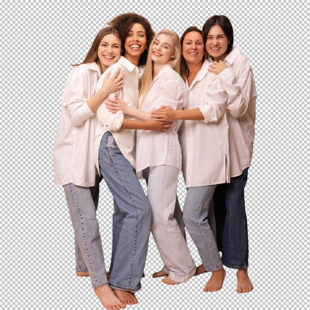 Senhoras de diversas idades felizes de comprimento total em camisas brancas e jeans sorrindo para a câmera contra o fundo bege