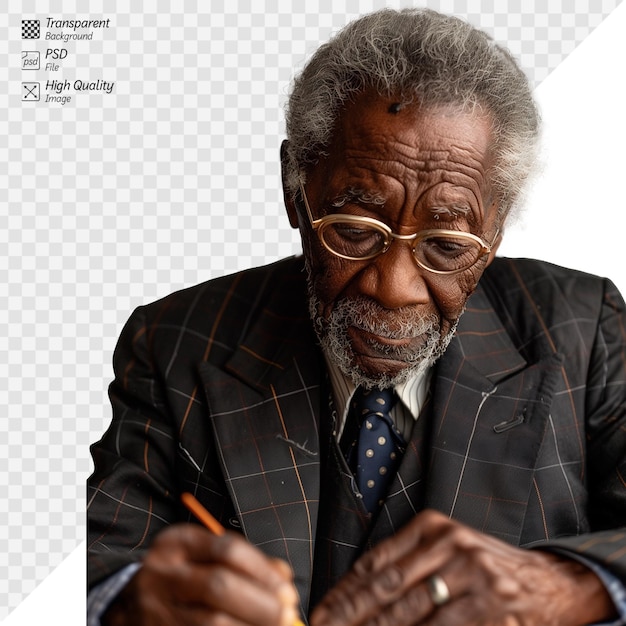 PSD senior african american man writing notes in a formal suit