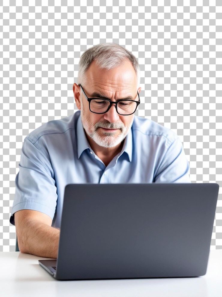 PSD senior hombre trabajando en la computadora portátil