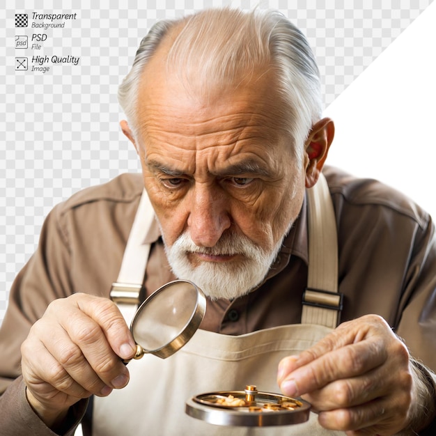 PSD senior man using magnifying glass to examine an object