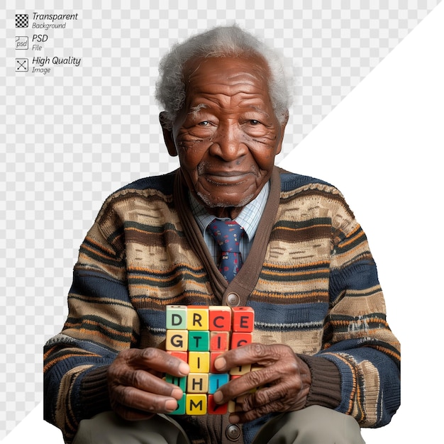 PSD senior man with alphabet cubes portrays lifelong learning