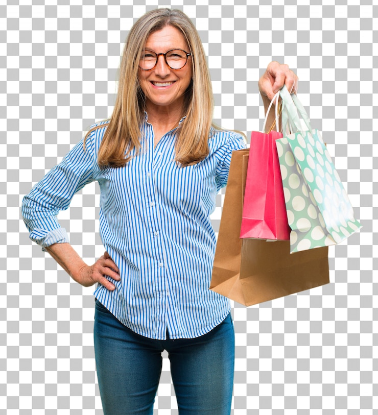 PSD senior mujer hermosa con bolsas de compras