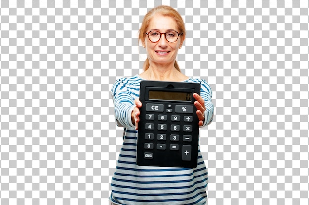 Senior mujer hermosa con una calculadora