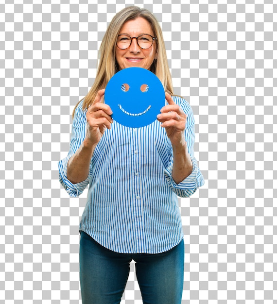 Senior mujer hermosa con un emoticon sonriente