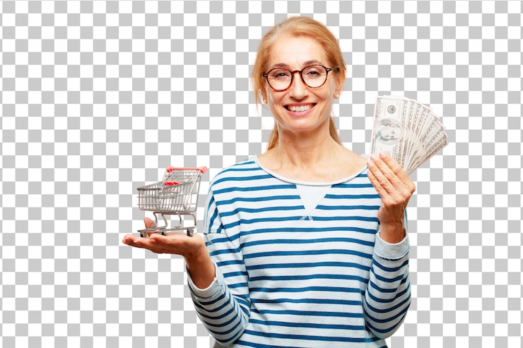 PSD senior mujer hermosa paga, compra o concepto de dinero