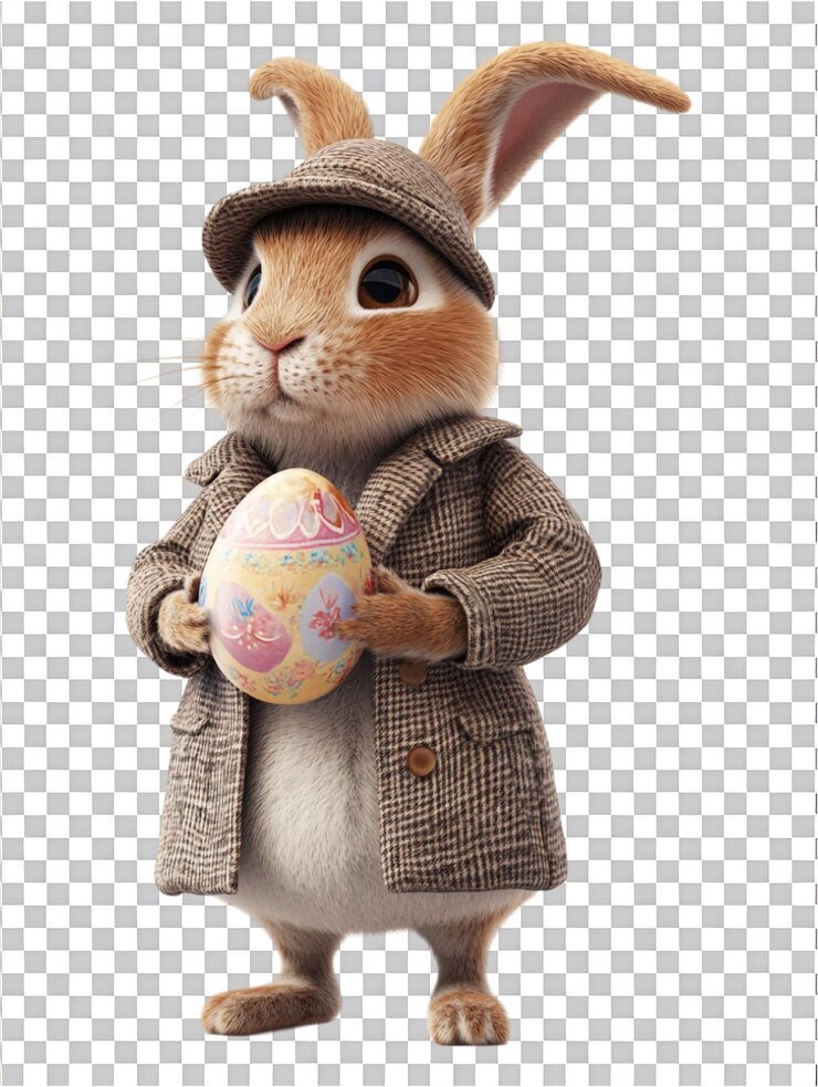 PSD el señor conejo de pascua con abrigo y sombrero sosteniendo un huevo de pascua en un fondo transparente