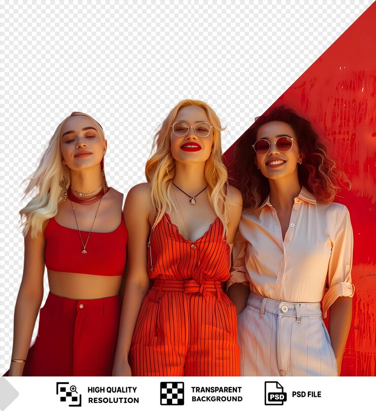 PSD sensação incrível feliz com duas mulheres posando na frente de uma parede vermelha uma vestindo um vestido vermelho e a outra uma camisa branca ambas acessoriadas com colares de prata e ouro e png marrom