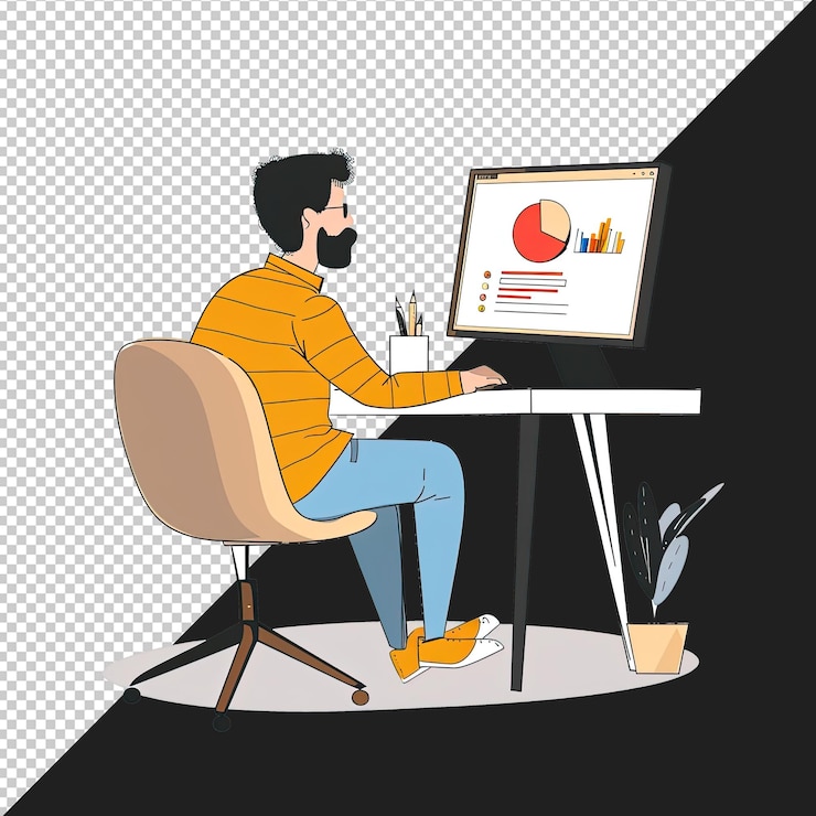PSD sentado y trabajando con datos hombre y mujer con computadoras portátiles en el escritorio haciendo trabajo diseño plano