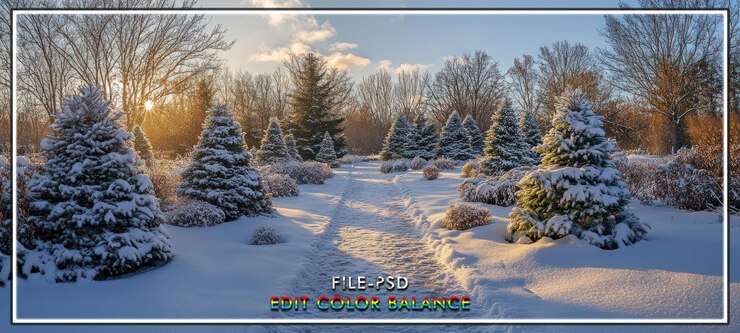 PSD le sentier du jardin enneigé au lever du soleil en hiver