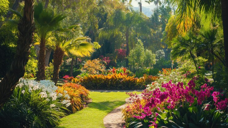 PSD un sentier de jardin tropical luxuriant avec des fleurs vibrantes et des palmiers par une journée ensoleillée