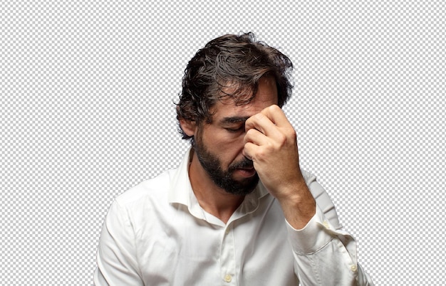 sentindo-se estressado, infeliz e frustrado tocando a testa e sofrendo de enxaqueca ou forte dor de cabeça
