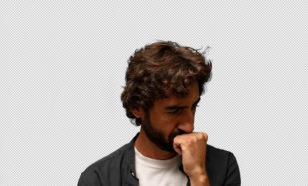sentir-se sério pensativo e preocupado olhando para os lados com a mão pressionada contra o queixo
