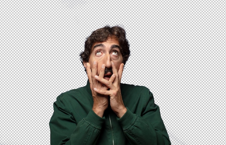 PSD sentirse conmocionado y asustado mirando aburrido con las manos en las mejillas