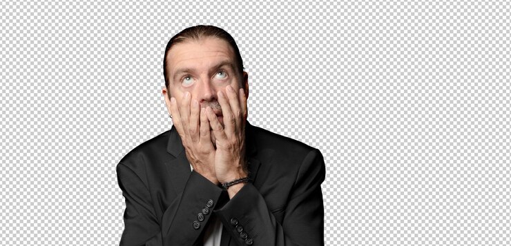 PSD sentirse conmocionado y asustado mirando aburrido con las manos en las mejillas