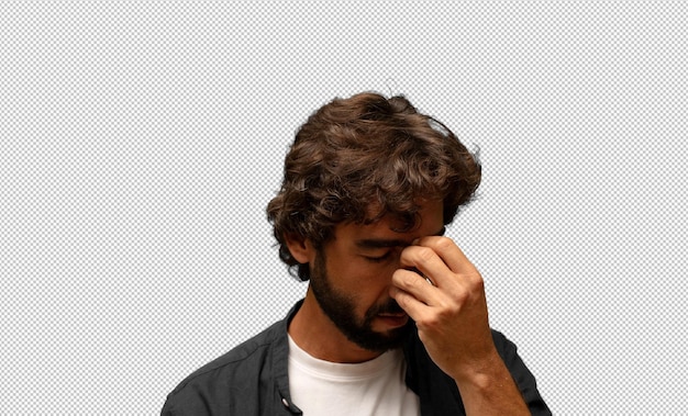 sentirse estresado, infeliz y frustrado, tocarse la frente y sufrir migraña o dolor de cabeza severo