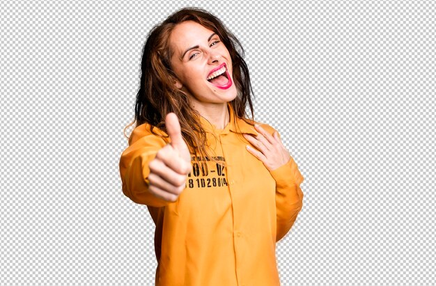 Sentirse orgulloso sonriendo positivamente con los pulgares hacia arriba