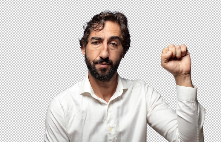 PSD sentirse seriamente fuerte y rebelde levantando el puño protestando o luchando por la revolución