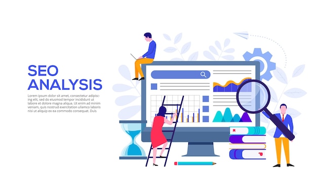 Seo-analysekonzept mit monitor-sanduhr und zeichen flache illustration