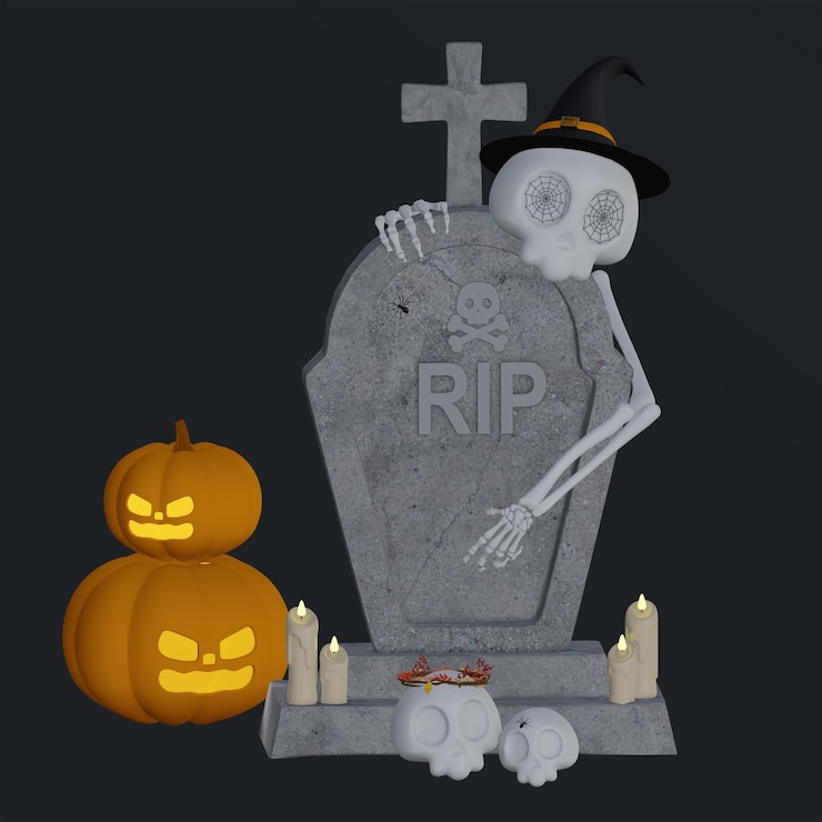 PSD separación de lápida psd con esqueleto y calabazas concepto de halloween ilustración 3d