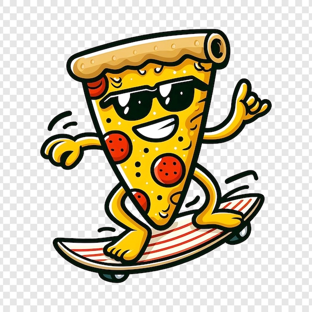 sepotong pizza kartun dengan tangan dan kaki sedang berselancar