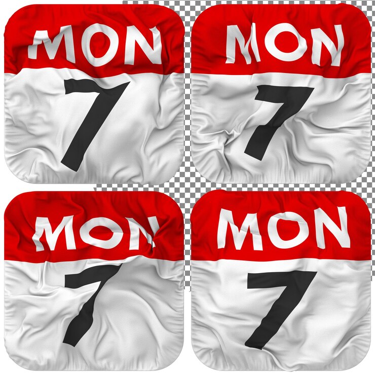 PSD séptimo 7 lunes fecha calendario icono aislado cuatro ondeando estilo bump textura 3d rendering