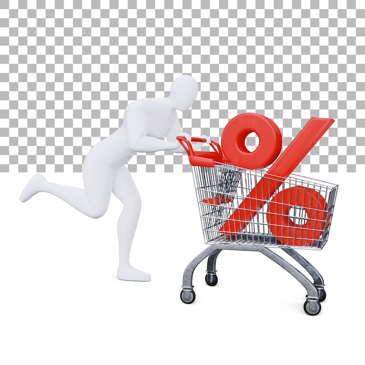 PSD el ser humano 3d está empujando el carrito de compras con descuento con energía concepto de compras 3d