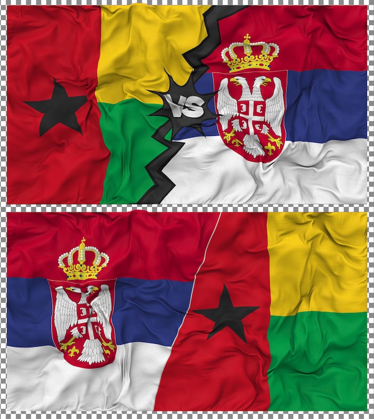 PSD serbia contra guinea bissau media bandera combinada con textura de baches de tela y renderizado en 3d