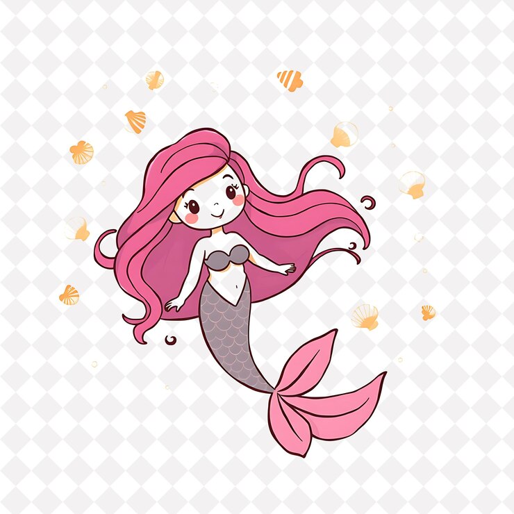 PSD sereia encantadora com formas de conchas de mar esparsamente distribuídas em fundo desenho de animais bonitos