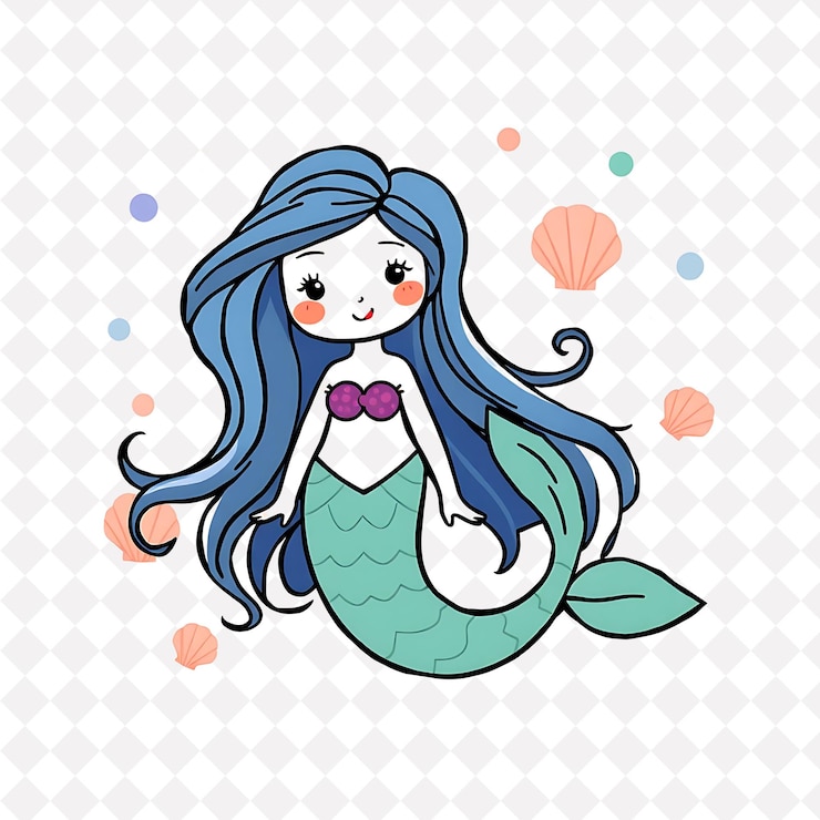PSD sereia encantadora com formas de conchas de mar esparsamente distribuídas em fundo desenho de animais bonitos