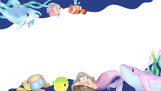 Sereias e seus aliados aquáticos Desenho de moldura Aquarela Ilustração desenhada à mão