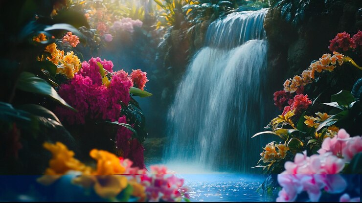 PSD serena cascada en cascada a través de vibrantes flores tropicales y follaje exuberante bañado en la luz del sol