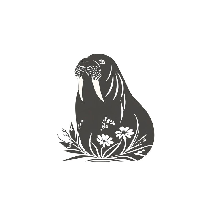 PSD la serena morsa florece en medio de las flores una ilustración monocromática