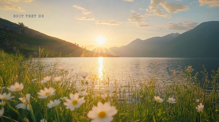 PSD serena puesta de sol sobre un lago tranquilo con flores silvestres en primer plano