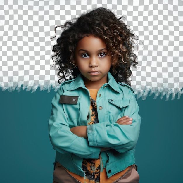 PSD serene aboriginal kid curly haired builder em postura séria pastel teal backdrop