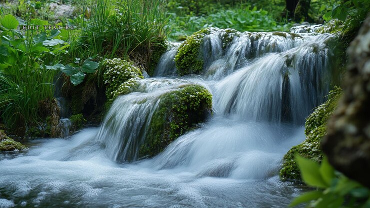 PSD serene cascading waterfall flowing over mosscovered rocks in lush green forest