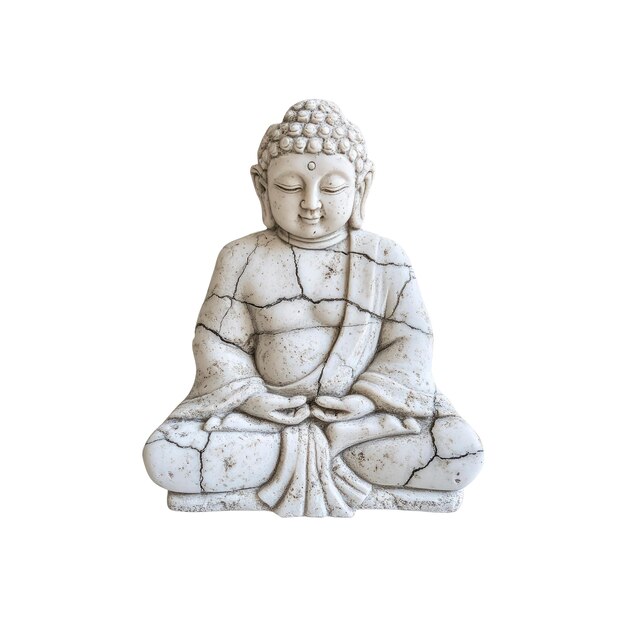 A serene image of a meditating Buddha statue with cracked details