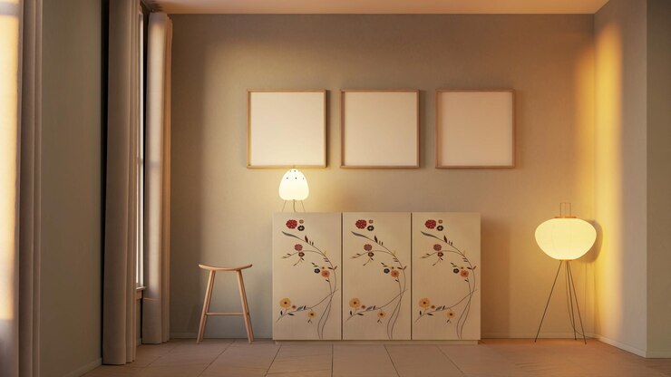 PSD serene living room with artwork and warm lighting