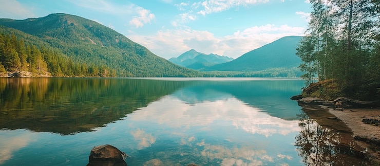 PSD serene mountain lake reflection