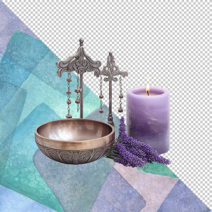 PSD serene spa setting cantando el cuenco de lavanda y vela