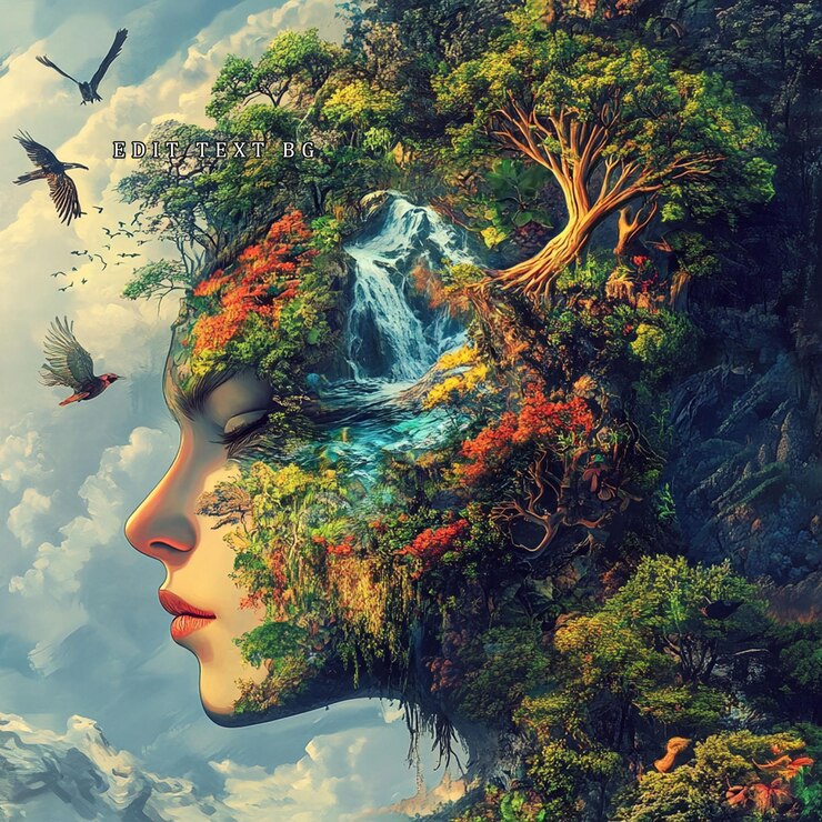 PSD serene womans face morphing into a lush landscape with waterfall birds and vibrant foliage