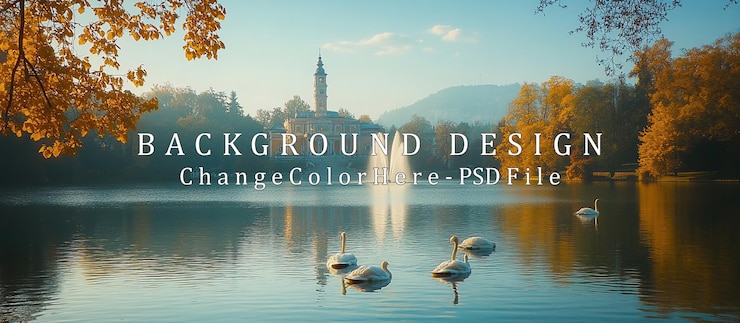 PSD sereníssima cena de outono com cisnes e um majestoso palácio