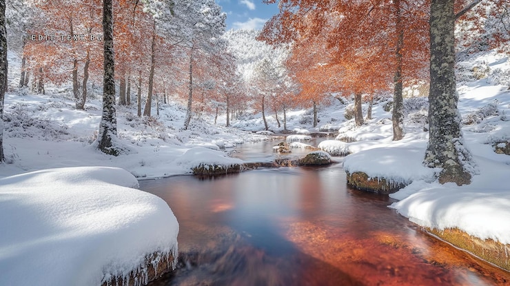 PSD sereno arroyo de invierno que fluye a través de un bosque cubierto de nieve con aguas de color rojo vibrante que reflejan la luz del sol en árboles y rocas heladas