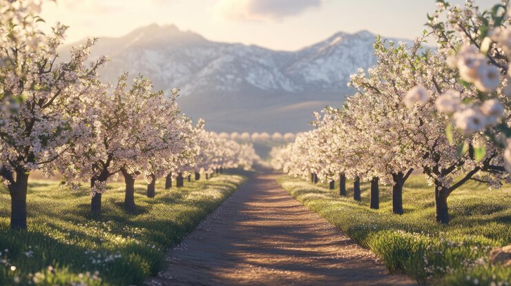 PSD el sereno sendero del huerto de primavera que conduce a las montañas cubiertas de nieve al atardecer