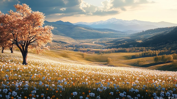 PSD sereno tramonto su prati fioriti e maestose montagne