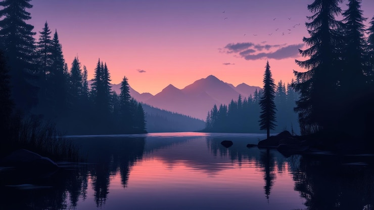 PSD sereno tramonto su un lago calmo annidato in una valle di montagna riflesso in acque tranquille con silhouette di pini