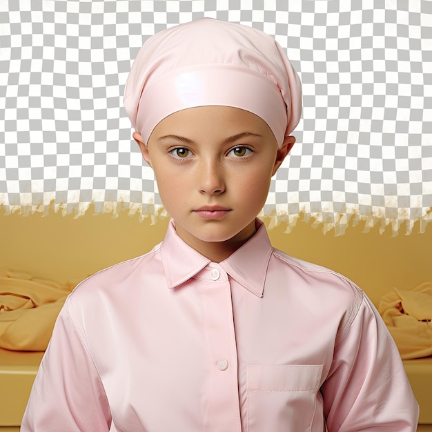 PSD seria niña de preescolar mongola con atuendo de carnicero posa sobre un fondo de limón pastel
